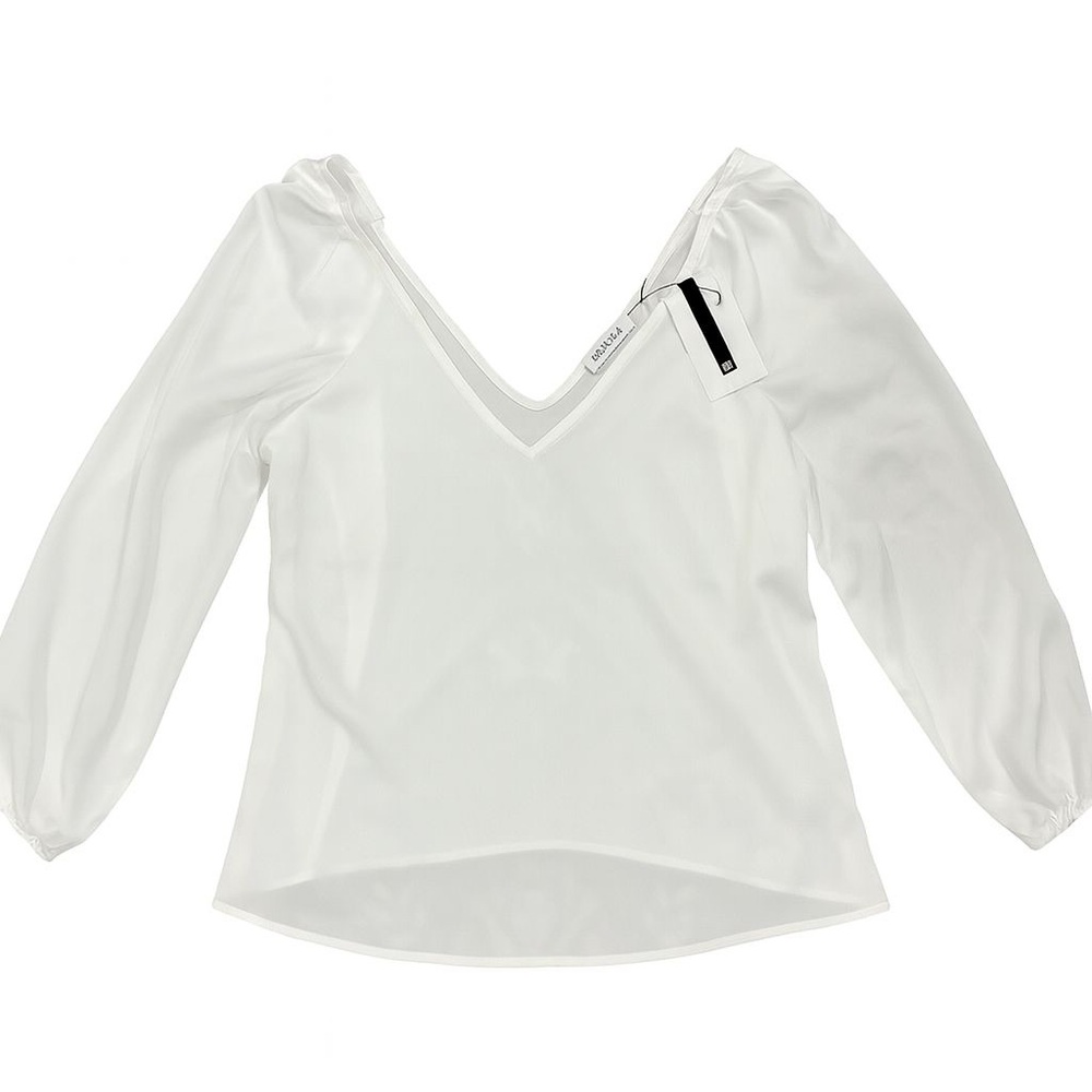 Nine West White Long Sleeve Blouse with Bow Detail – Elegant V-Neck Top, Size XL